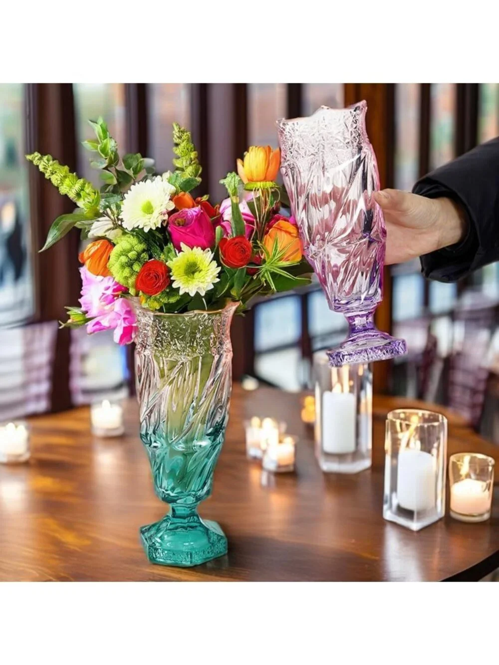 9.5 Inch Green Pink Glass Flower Vase Bohemian Style For Centerpieces Home Dec